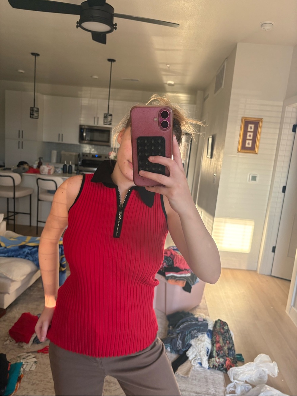 Belldini Red Ribbed Sleeveless Zip Polo Top with Black Collar